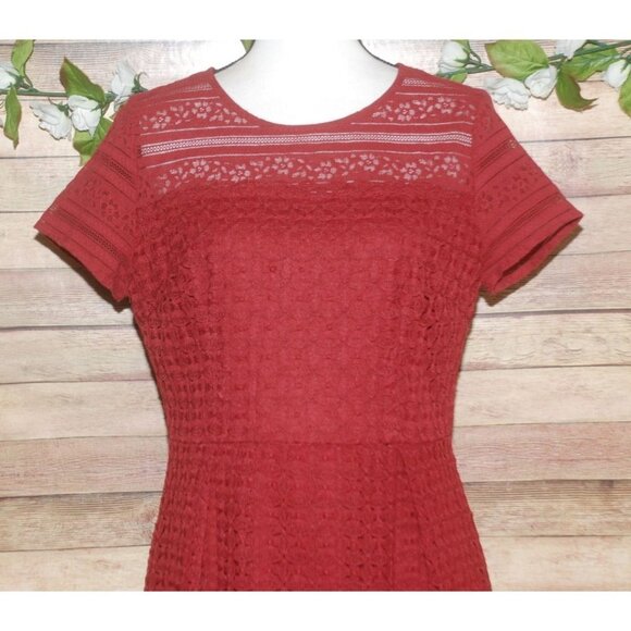 Francesca's Burgundy Rust Sheath Dress Size L Lined Embroidered Lace Fit & Flare - Picture 2 of 14